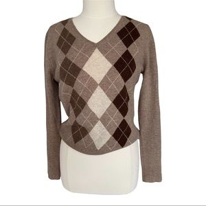 Apt. 9 Tan/Brown Argyle Pattern V-Neck 100% women Cashmere Sweater, Size L.
